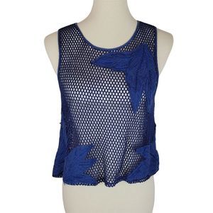 Rebecca Minkoff Blue Mesh Knit Embroidered Leaves Patchwork Zip Sleeveless Top L